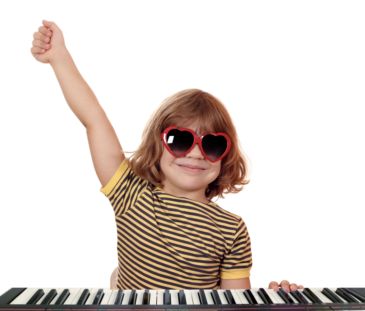 Girl playing keyboard with hand in the air and with heart glasses on